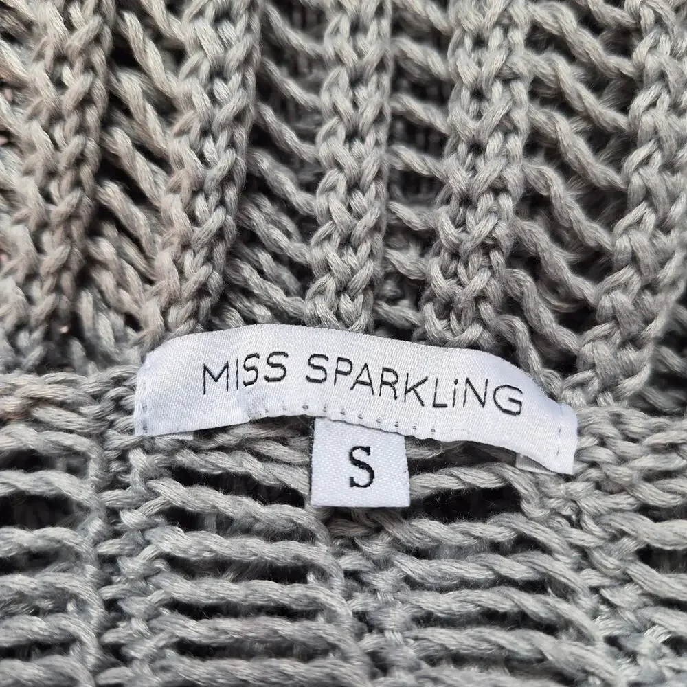 Miss Sparkling Sweater Grey Open Knit Crochet Crop Long Sleeve Women's Size S